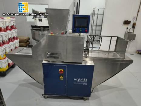 M�quina cortadora de alambre de acero inoxidable y dosificadora de rosetas con alimentador autom�tico de bandejas para pan de queso y galletas Projet Equipamentos
